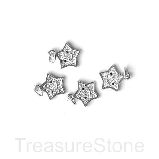 Pave charm, brass, 11mm silver happy star, clear CZ. Ea