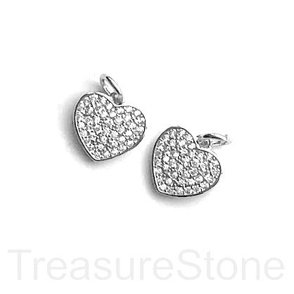 Pave Charm, brass, 10mm silver heart, CZ. Each