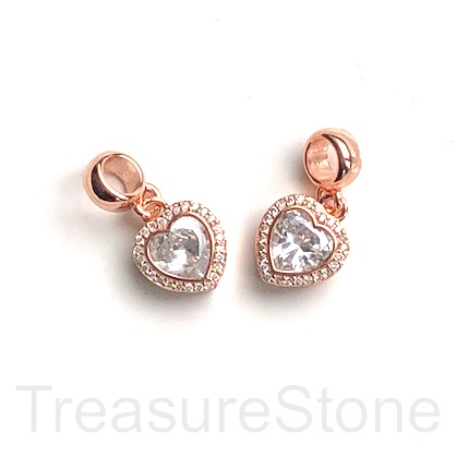 Pave Charm, pendant, brass, 11mm heart, rose gold, clear CZ. Ea