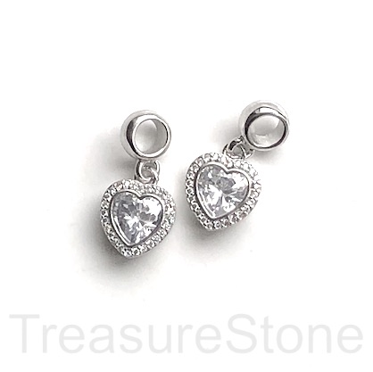 Pave Charm, pendant, brass, 11mm heart, silver, clear CZ. Ea
