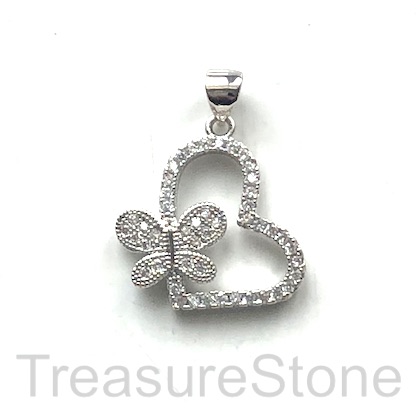 Charm, pendant, 20x18mm silver heart w butterfly, clear cz, ea