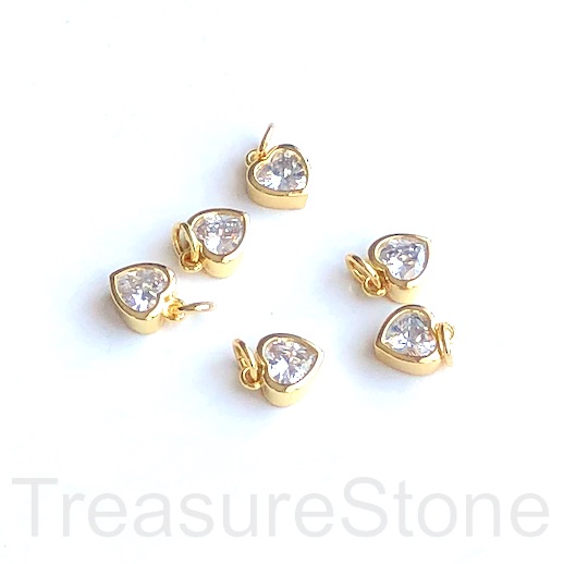 Pave Charm, brass, 7mm gold, heart, clear CZ. Ea