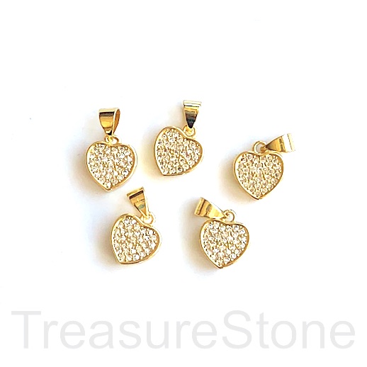 Pave charm Pendant, brass, 9mm gold heart, clear CZ. Ea