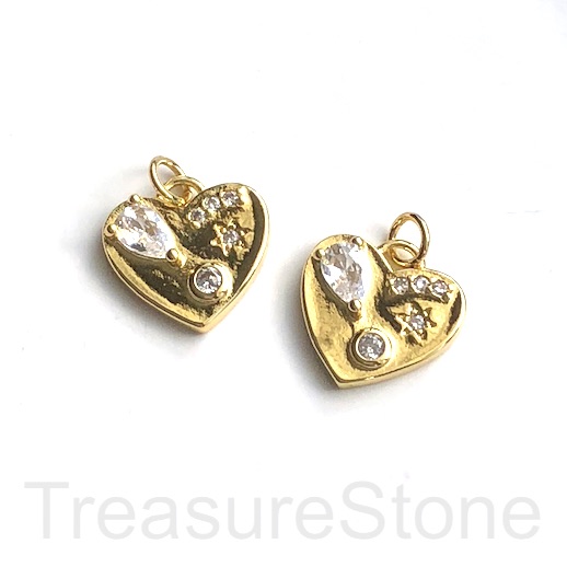 Pave Charm, pendant, brass, 15mm gold heart, CZ. Ea