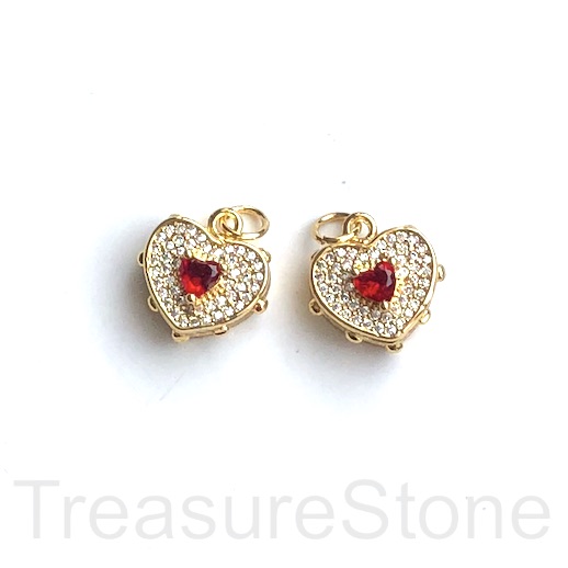 Pave Charm, pendant, 10x14mm gold heart, ruby, colour CZ. Ea