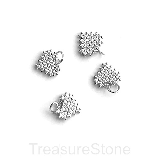 Pave charm, brass, 10mm silver heart, clear CZ. Ea