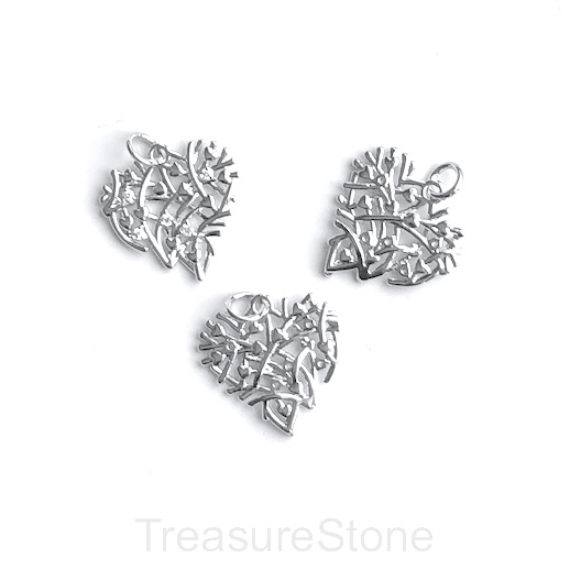 Pave charm, pendant, 18mm silver heart, clear CZ. Ea