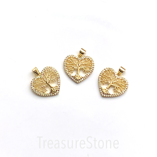 Pave Charm, pendant,brass, 18mm heart, gold Tree of Life, CZ. Ea