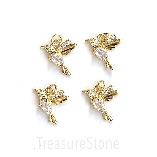 Pave Charm, pendant, 15mm gold humming bird, clear CZ.Ea