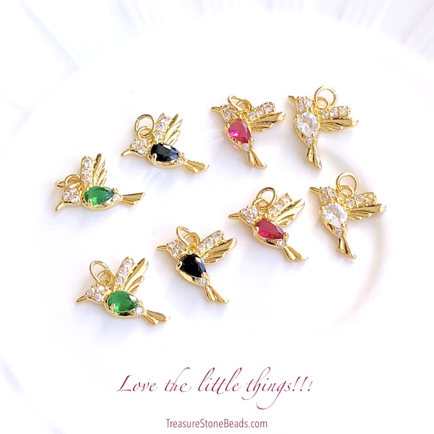 Pave Charm, pendant, 15mm gold humming bird, green CZ.Ea - Click Image to Close