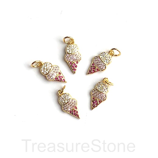 Pave charm, pendant, brass, 7x13mm gold, ice cream, clear CZ.Ea