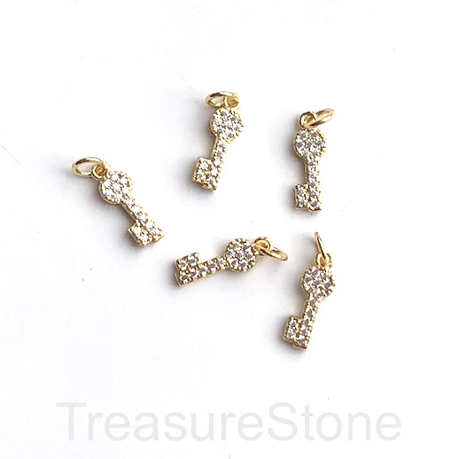 Pave Charm, pendant, brass, 5x13mm gold key, CZ. Ea - Click Image to Close