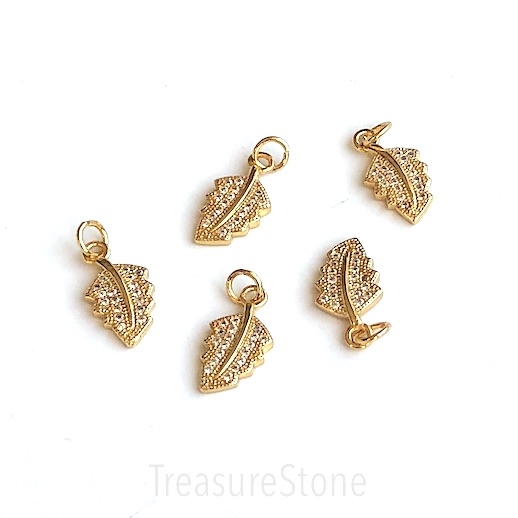 Pave Charm, brass, 8x15mm gold leaf, CZ. Each - Click Image to Close