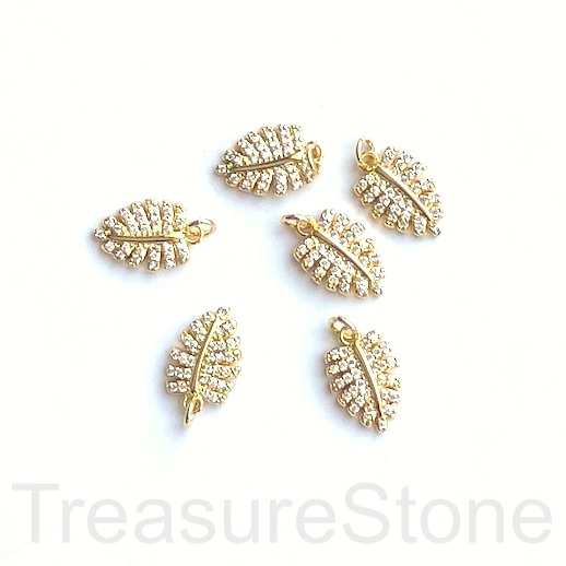 Pave Charm, pendant, brass, 9x12mm gold leaf, clear CZ. Ea