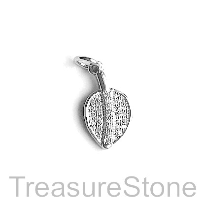 Pave Charm, brass, 9x13mm silver leaf, Cubic Zirconia. Each