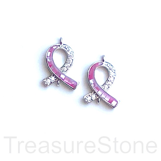 Pave charm, link, pendant,brass, silver, 12x15mm pink ribbon. Ea