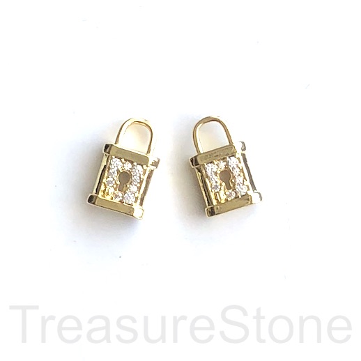 Pave Charm, pendant, brass, 10x18mm gold lock, clear CZ. Ea