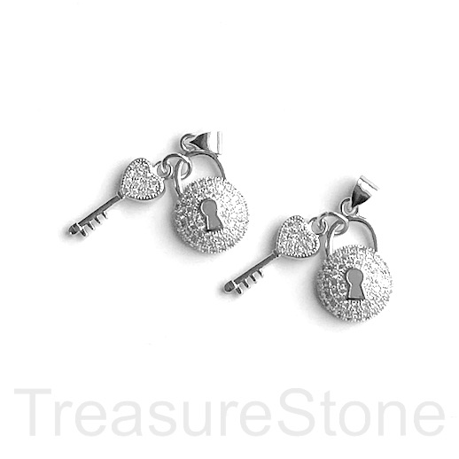 Pave pendant,12x17mm silver lock, 7x17 heart key, clear CZ.1 set
