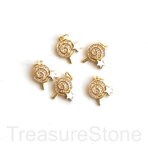 Pave Charm, gold, 12mm lollipops candy stick, with star. Ea - Click Image to Close