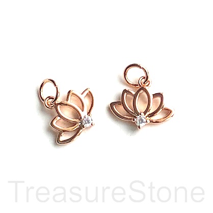 Pave Charm,pendant,brass,12x9mm lotus flower,rose gold,clear.Ea