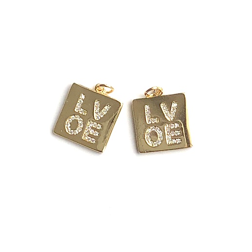Pave Charm, pendant, brass, 15mm gold, Love, clear CZ. Ea