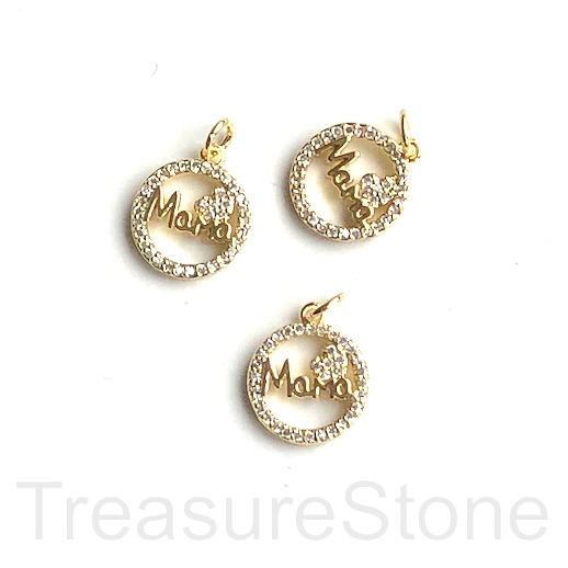 Pave Charm, brass, 13mm gold, Mama, mom, heart, clear CZ. Ea