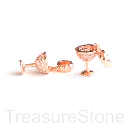 Pave Charm, brass, 9x12mm martini glass, rose gold, clear CZ. Ea