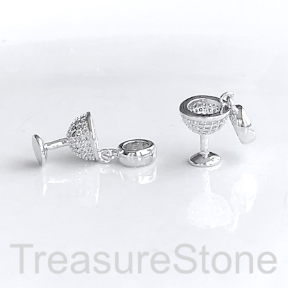 Pave Charm, brass, 9x12mm martini glass, silver, clear CZ. Ea