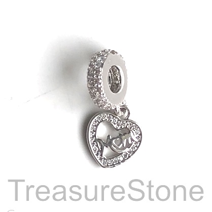 Pave Charm, brass, 10 mm silver heart, "MOM", CZ. Ea