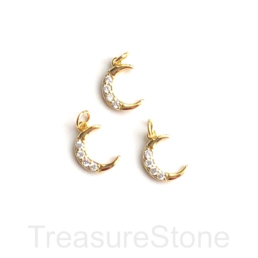 Pave Charm, brass, 10x12mm gold moon, clear CZ. Ea