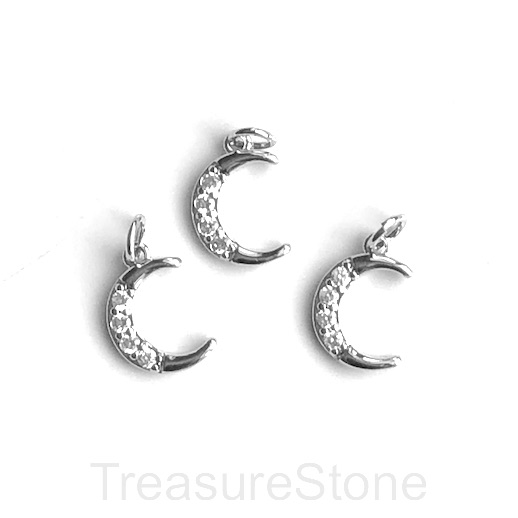 Pave Charm, brass, 10x12mm silver moon, clear CZ. Ea