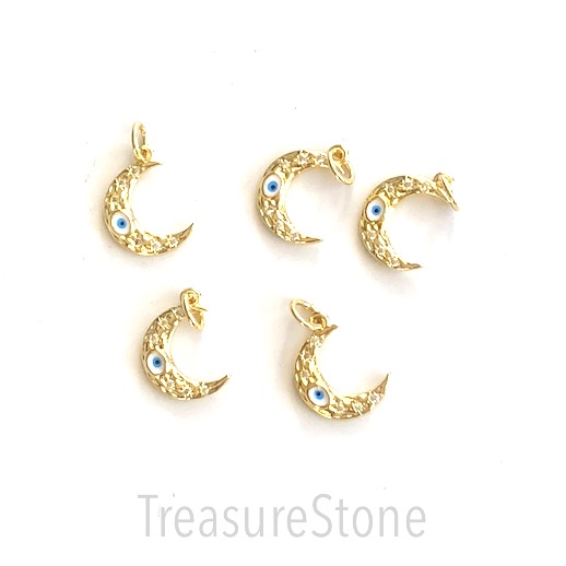 Pave Charm, pendant, brass, 13mm gold moon,evil eye, clear CZ.Ea