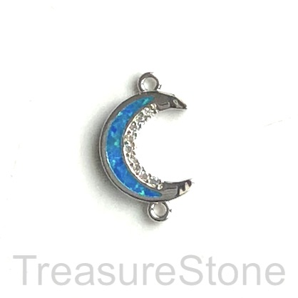 Charm, connector, pendant, 13mm silver moon w blue opal, ea