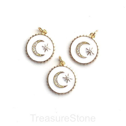 Pave Charm, pendant, 15mm moon &star, gold, white enamel. Ea