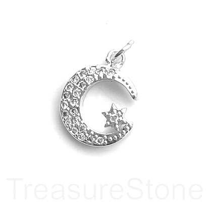 Pave Charm, brass, 12mm silver moon, star, CZ. Ea