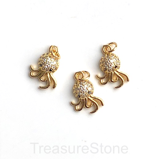 Pave Charm, pendant, brass, 12x13mm gold octopus, clear CZ. Ea