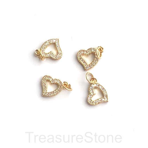 Pave charm, pendant, brass, 10mm gold open heart, clear CZ.Ea