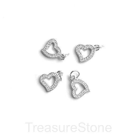 Pave charm, pendant, brass, 10mm silver open heart, clear CZ.Ea
