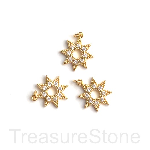 Pave Charm, pendant, brass, gold 13mm open star. Each