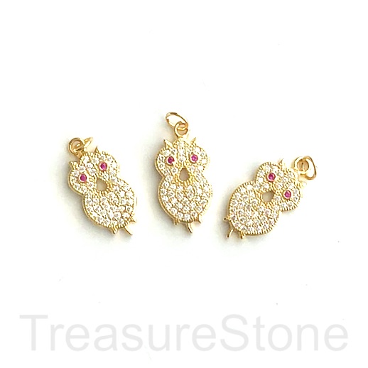 Pave Charm, brass, 16mm gold owl, clear CZ. Ea
