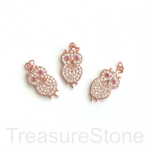 Pave Charm, brass, 16mm rose gold owl, clear CZ. Ea