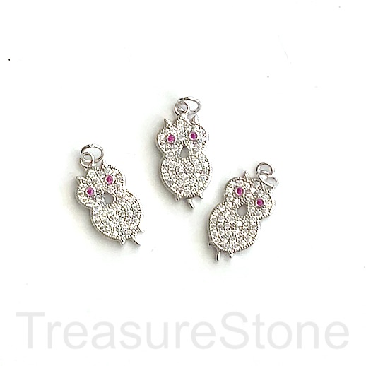 Pave Charm, brass, 16mm silver owl, clear CZ. Ea - Click Image to Close