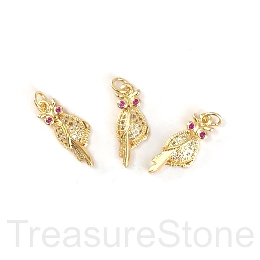 Pave Charm, brass, 8x20mm owl, gold, clear ruby CZ. Ea
