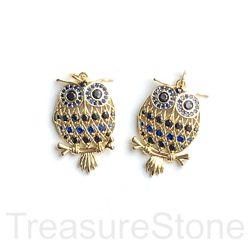 Pave Charm, pendant, 17x27mm gold owl, blue, black CZ.Ea
