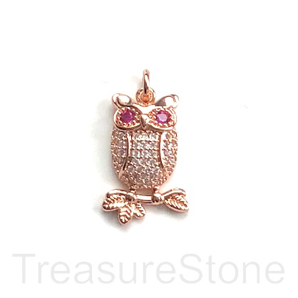Pave Pendant, brass, rose gold, 14x21mm owl, CZ. ea - Click Image to Close