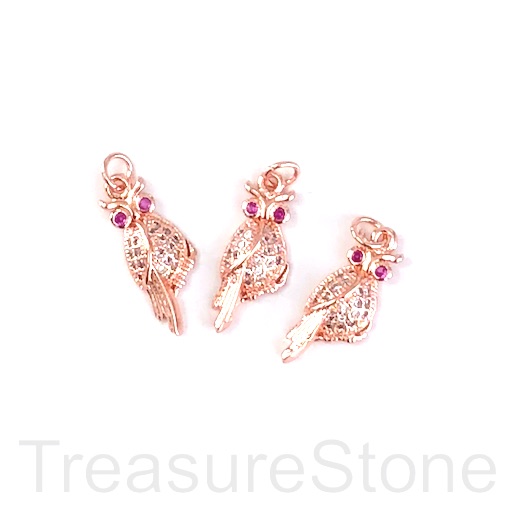 Pave Charm, brass, 8x20mm owl, rose gold, clear ruby CZ. Ea