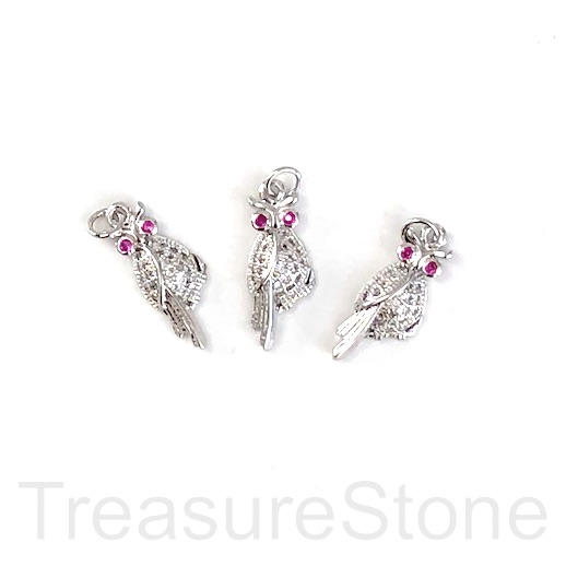 Pave Charm, brass, 8x20mm owl, silver, clear ruby CZ. Ea