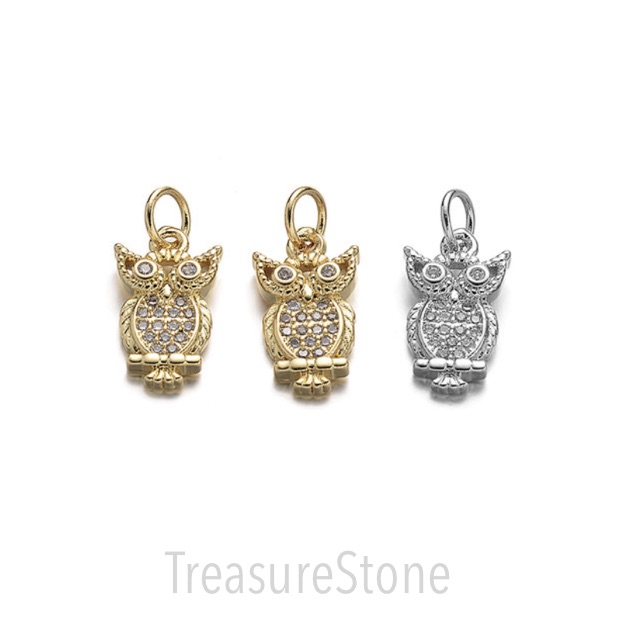 Pave Charm, brass, 7x12mm silver owl, clear CZ. Ea