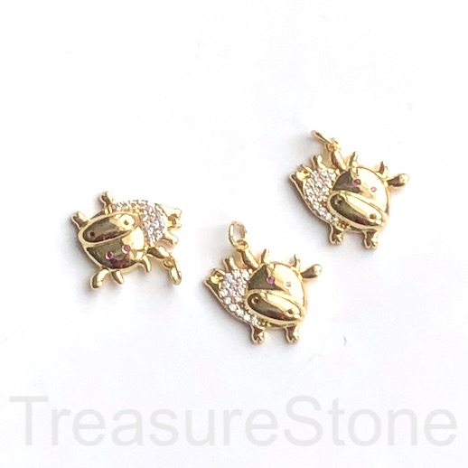 Pave Charm, brass, 12x13mm gold, year of ox, clear CZ. Ea