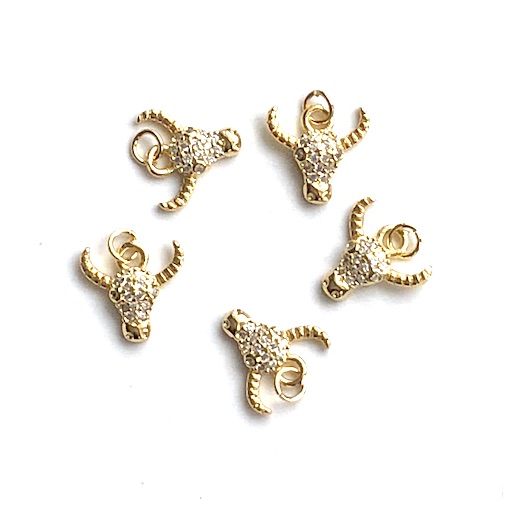 Pave Charm, brass, 12mm gold, year of ox, clear CZ. Ea